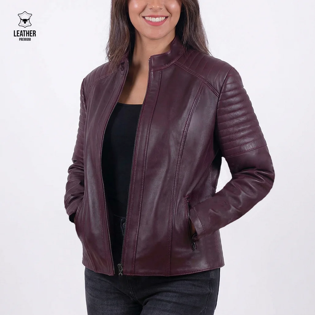 Jacket en cuir Bordeau pour femmes -Pourpre-2027